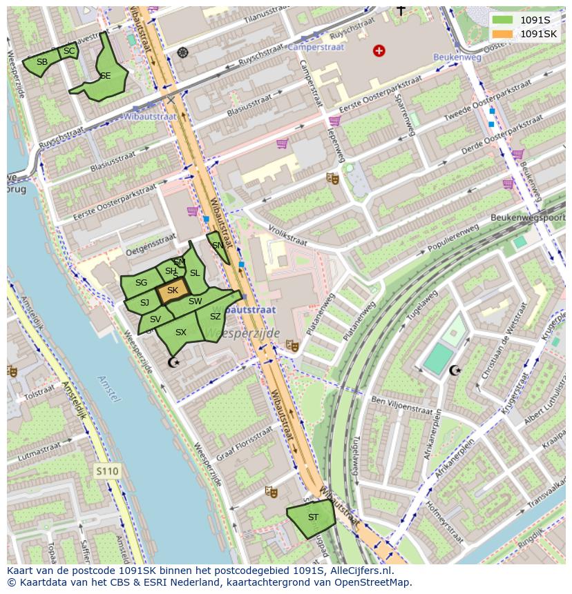 Afbeelding van het postcodegebied 1091 SK op de kaart.