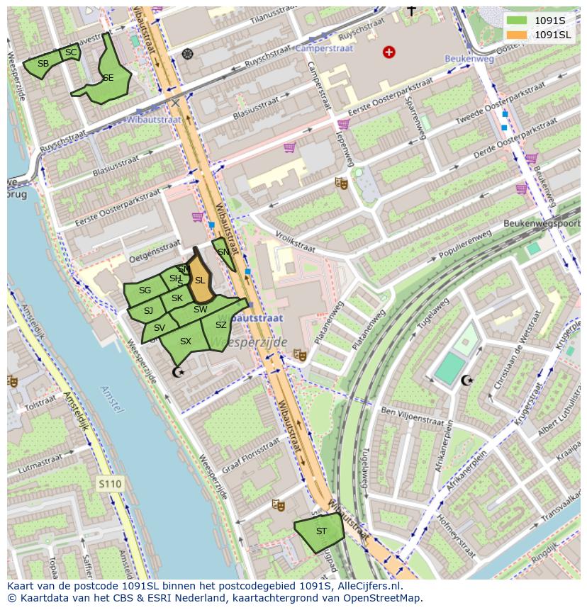 Afbeelding van het postcodegebied 1091 SL op de kaart.