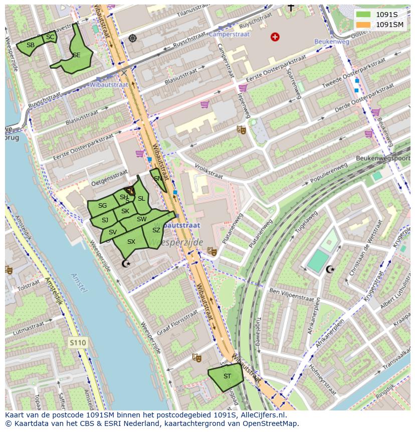 Afbeelding van het postcodegebied 1091 SM op de kaart.