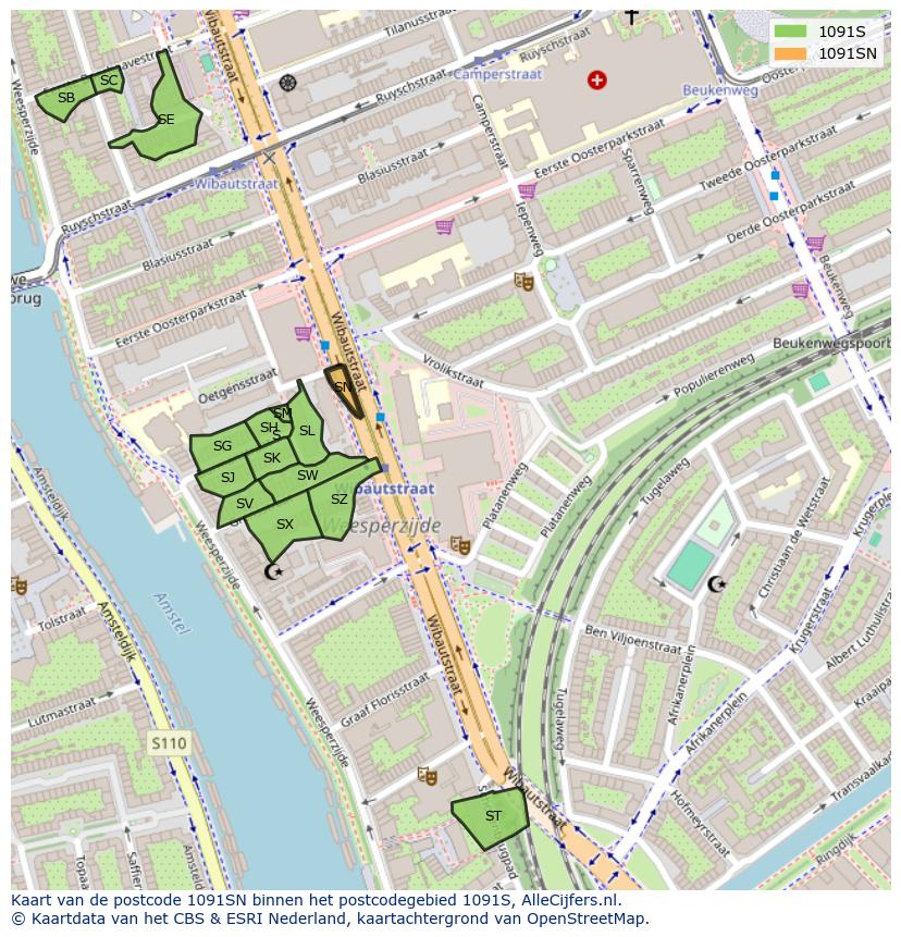 Afbeelding van het postcodegebied 1091 SN op de kaart.