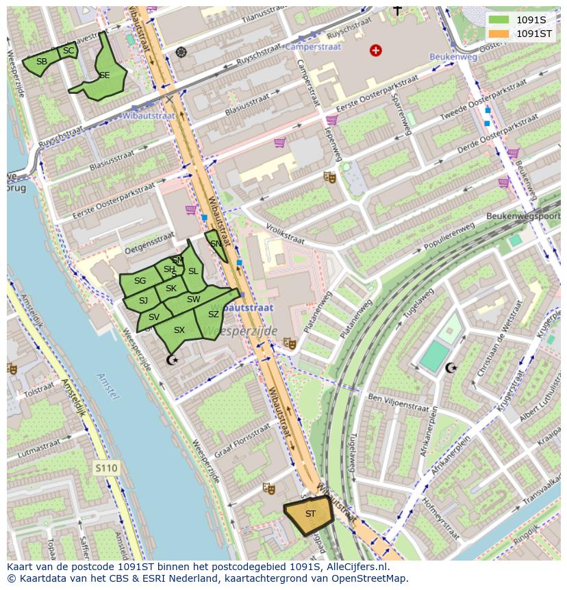 Afbeelding van het postcodegebied 1091 ST op de kaart.