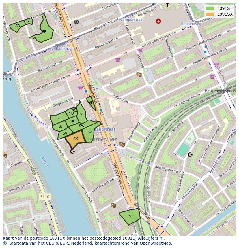 Afbeelding van het postcodegebied 1091 SX op de kaart.