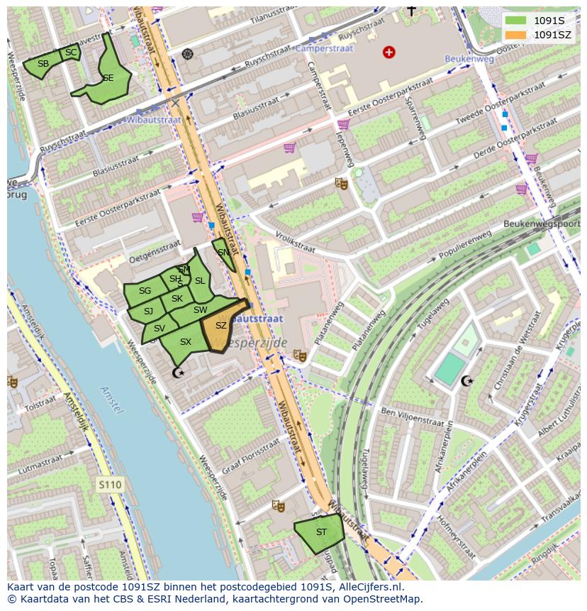 Afbeelding van het postcodegebied 1091 SZ op de kaart.