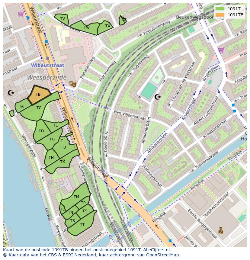 Afbeelding van het postcodegebied 1091 TB op de kaart.
