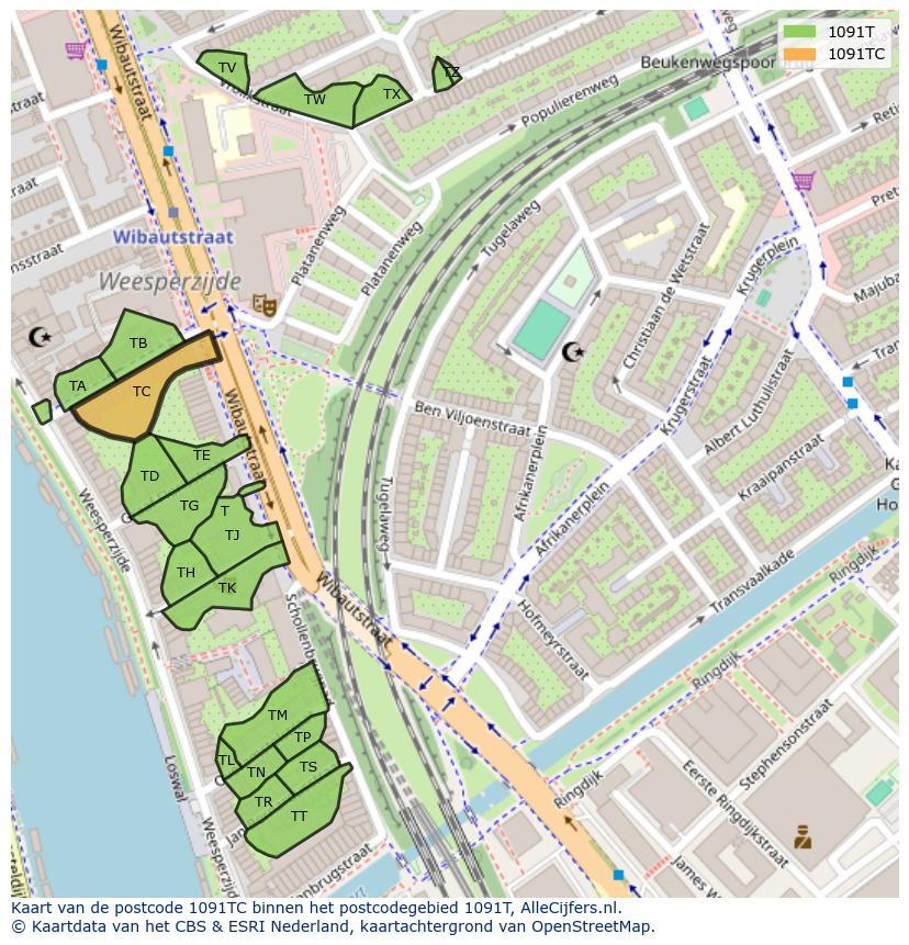 Afbeelding van het postcodegebied 1091 TC op de kaart.