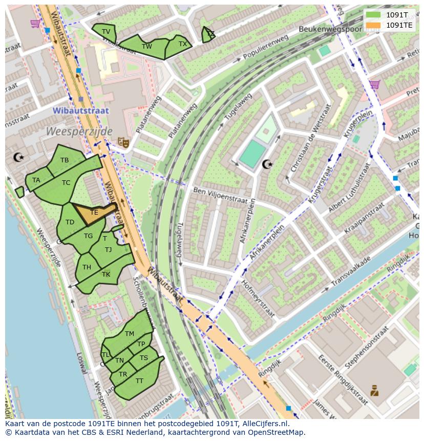 Afbeelding van het postcodegebied 1091 TE op de kaart.