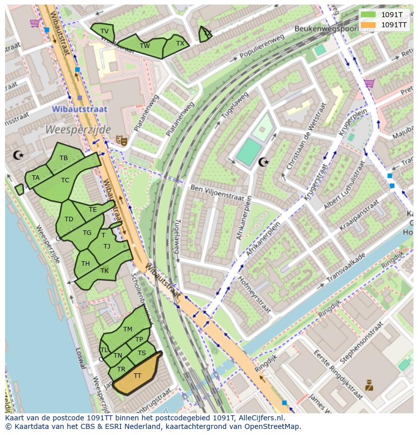 Afbeelding van het postcodegebied 1091 TT op de kaart.