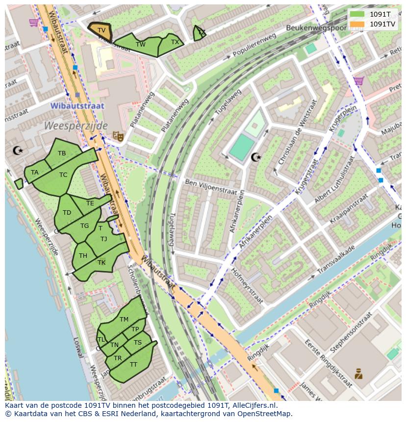 Afbeelding van het postcodegebied 1091 TV op de kaart.