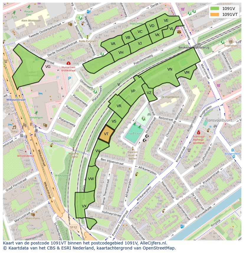 Afbeelding van het postcodegebied 1091 VT op de kaart.