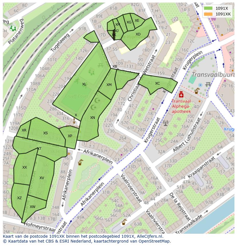 Afbeelding van het postcodegebied 1091 XK op de kaart.