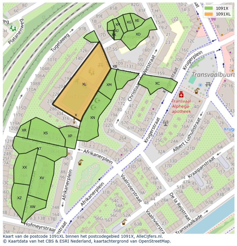 Afbeelding van het postcodegebied 1091 XL op de kaart.