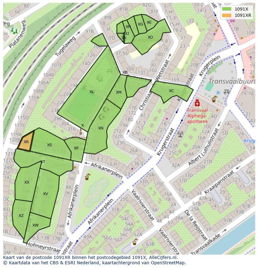 Afbeelding van het postcodegebied 1091 XR op de kaart.