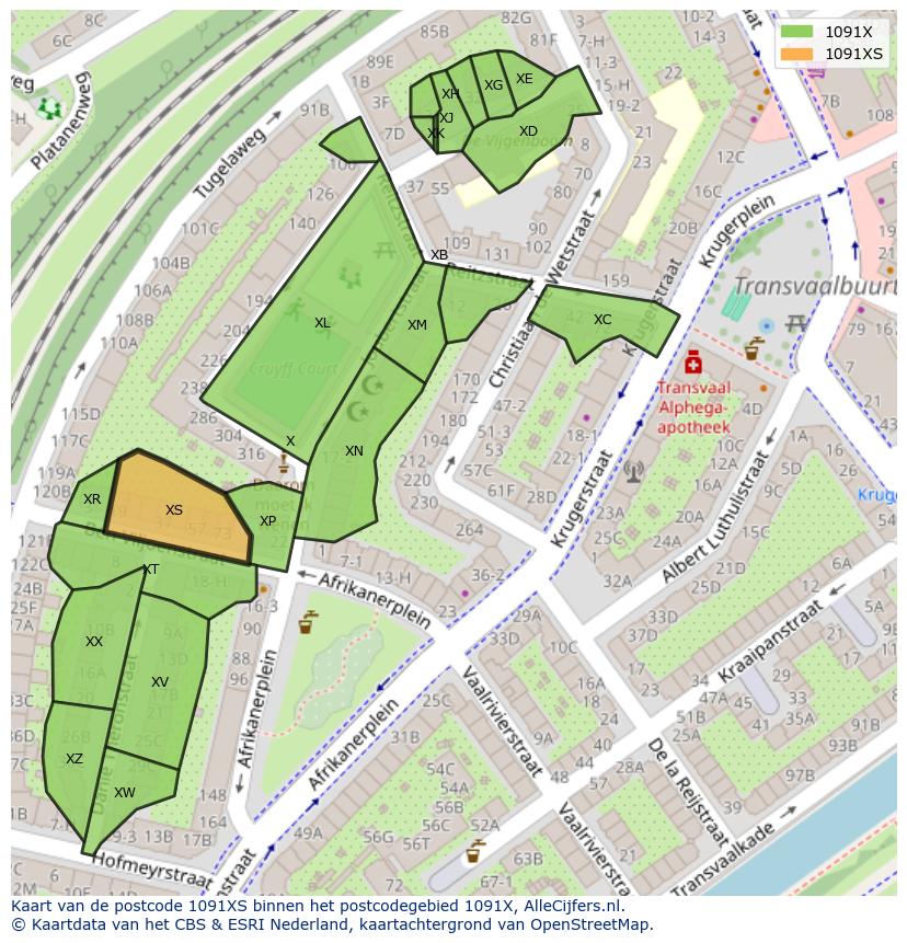 Afbeelding van het postcodegebied 1091 XS op de kaart.