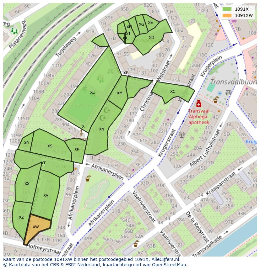 Afbeelding van het postcodegebied 1091 XW op de kaart.