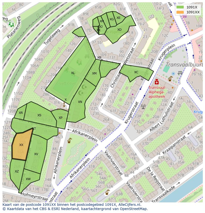 Afbeelding van het postcodegebied 1091 XX op de kaart.