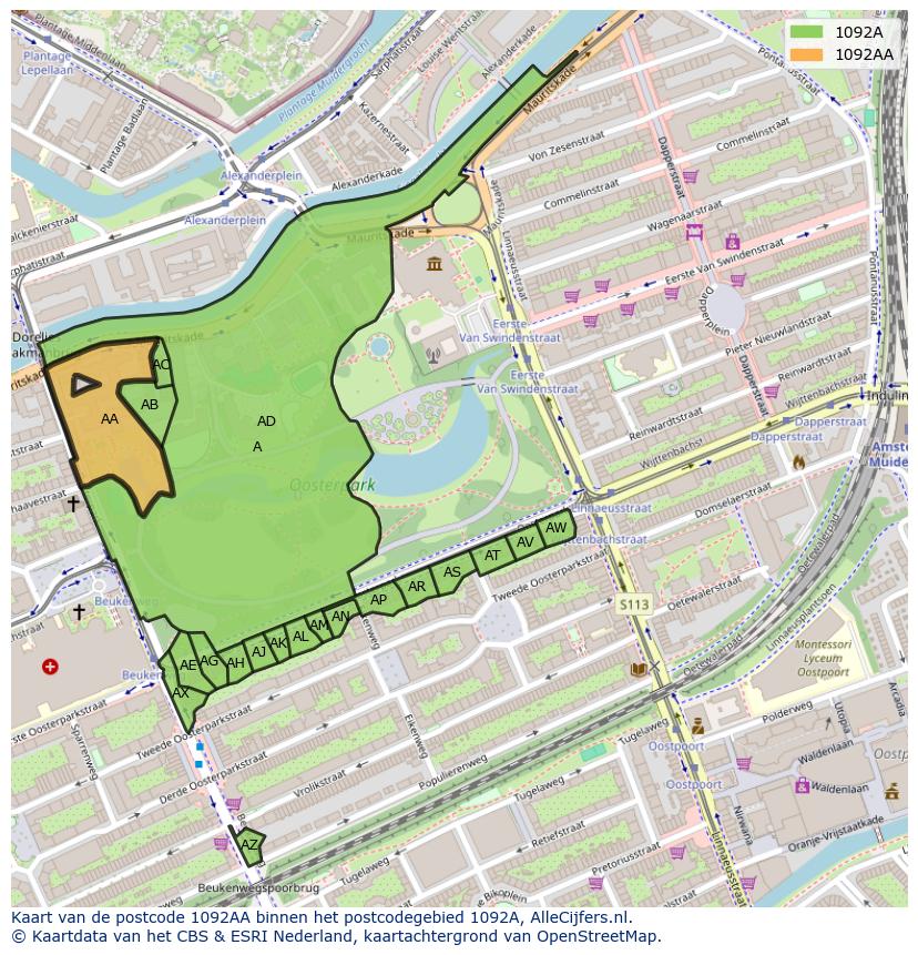 Afbeelding van het postcodegebied 1092 AA op de kaart.
