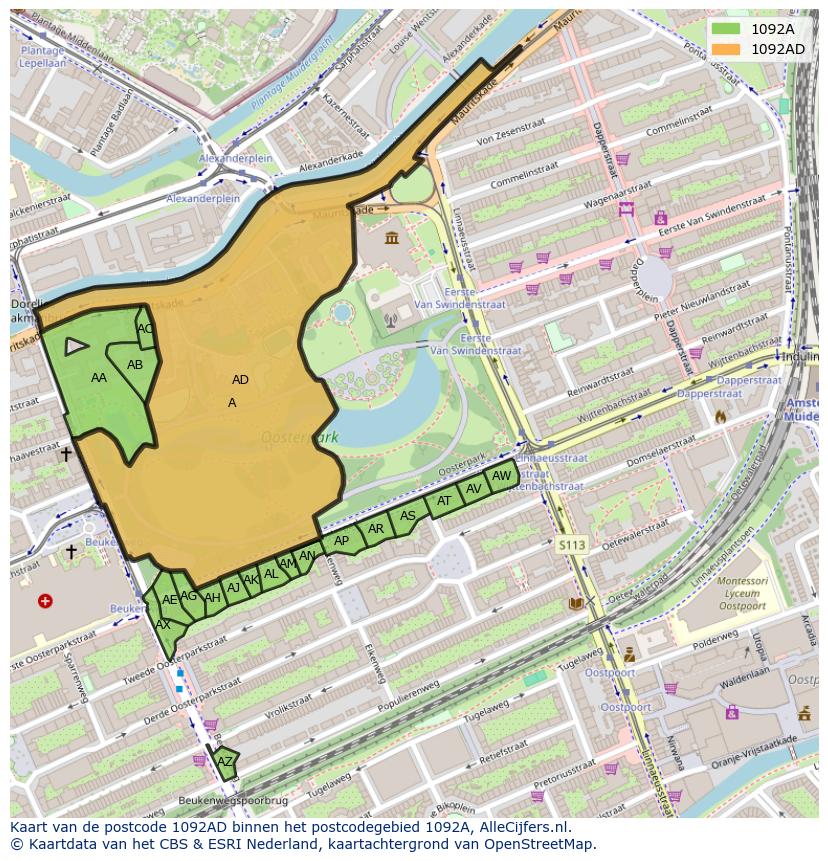 Afbeelding van het postcodegebied 1092 AD op de kaart.