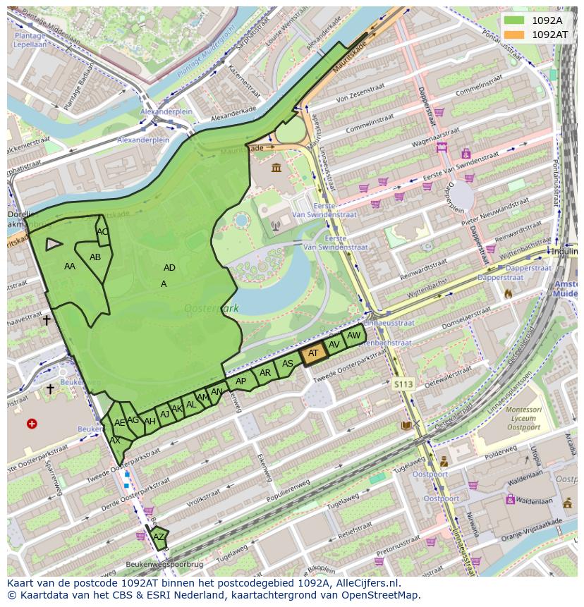 Afbeelding van het postcodegebied 1092 AT op de kaart.