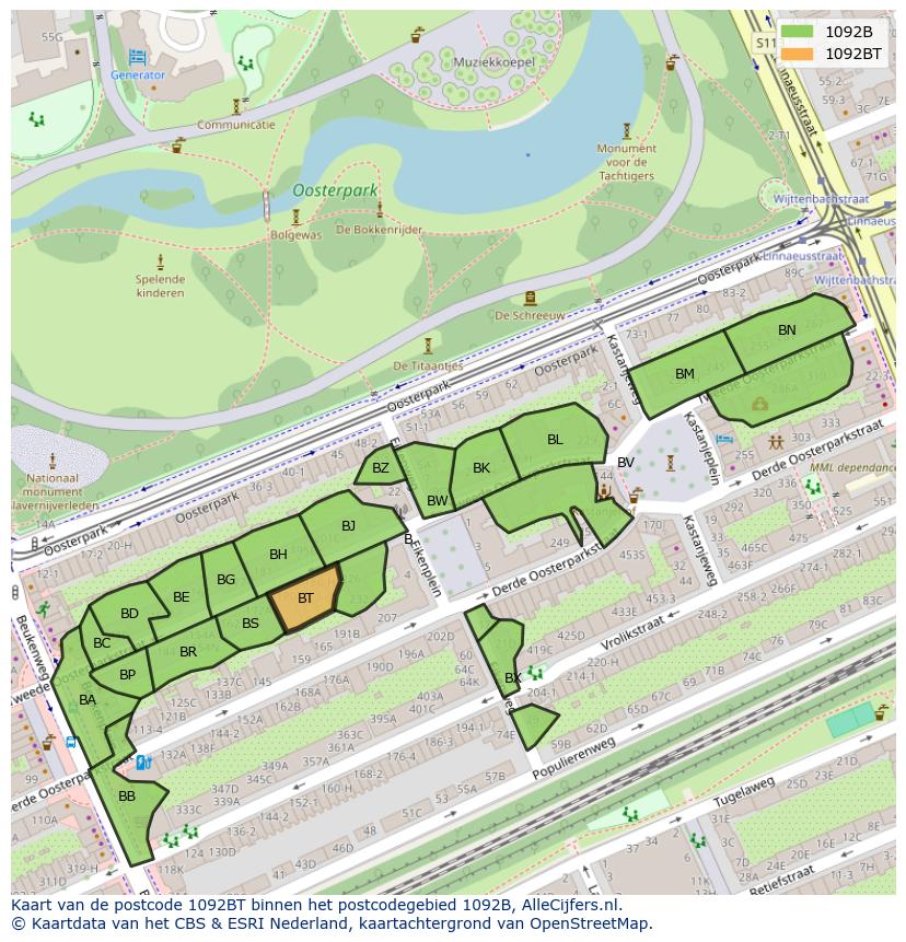 Afbeelding van het postcodegebied 1092 BT op de kaart.