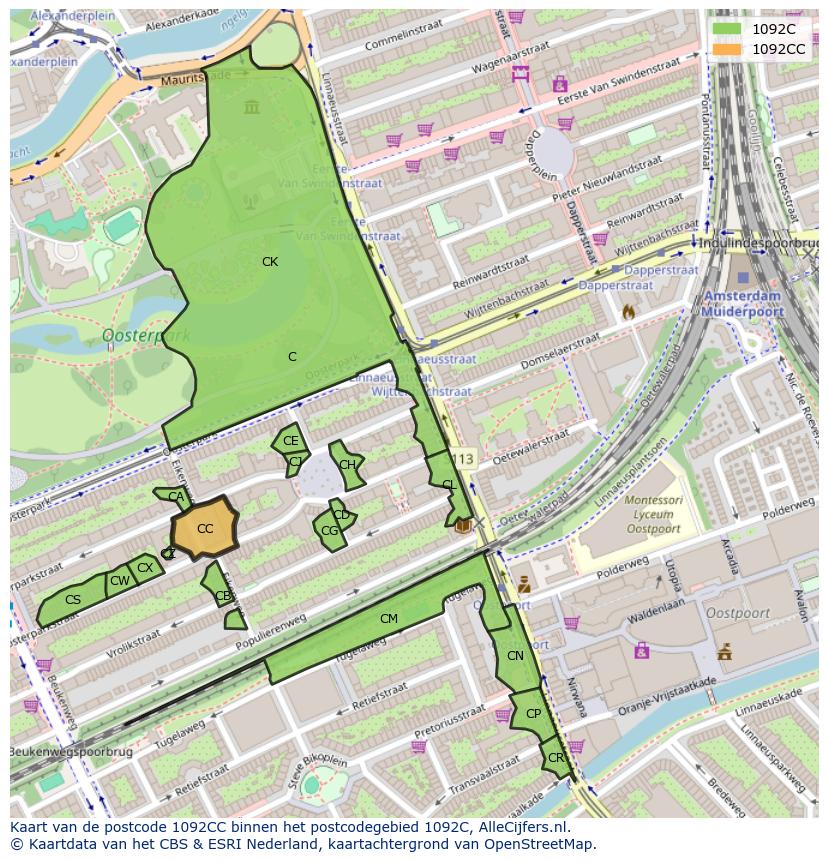 Afbeelding van het postcodegebied 1092 CC op de kaart.