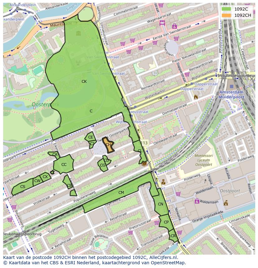 Afbeelding van het postcodegebied 1092 CH op de kaart.