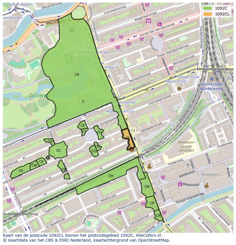 Afbeelding van het postcodegebied 1092 CL op de kaart.