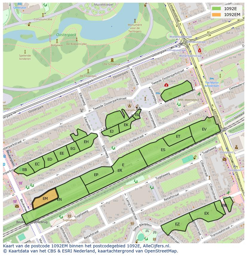 Afbeelding van het postcodegebied 1092 EM op de kaart.