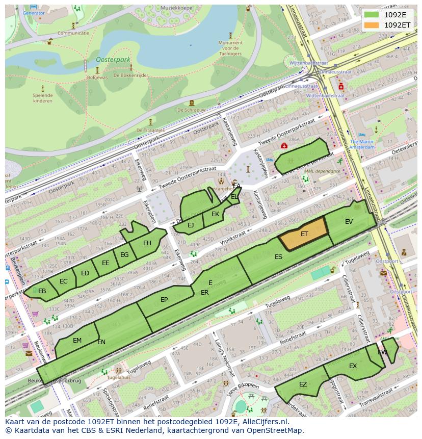 Afbeelding van het postcodegebied 1092 ET op de kaart.