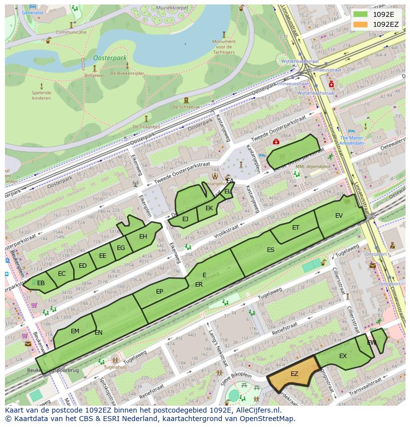 Afbeelding van het postcodegebied 1092 EZ op de kaart.