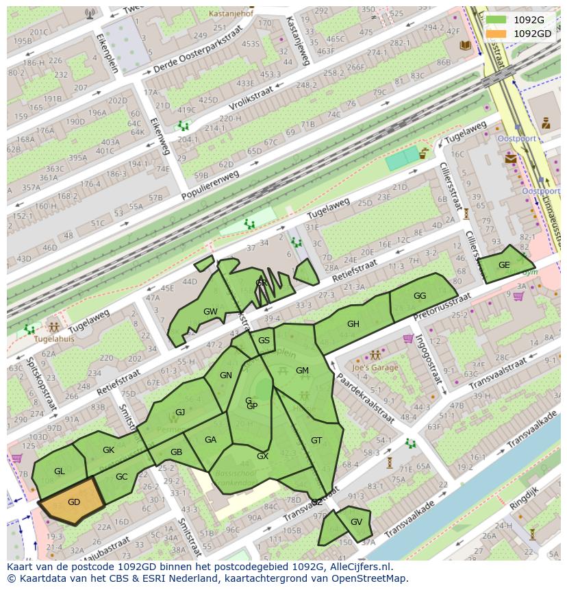 Afbeelding van het postcodegebied 1092 GD op de kaart.