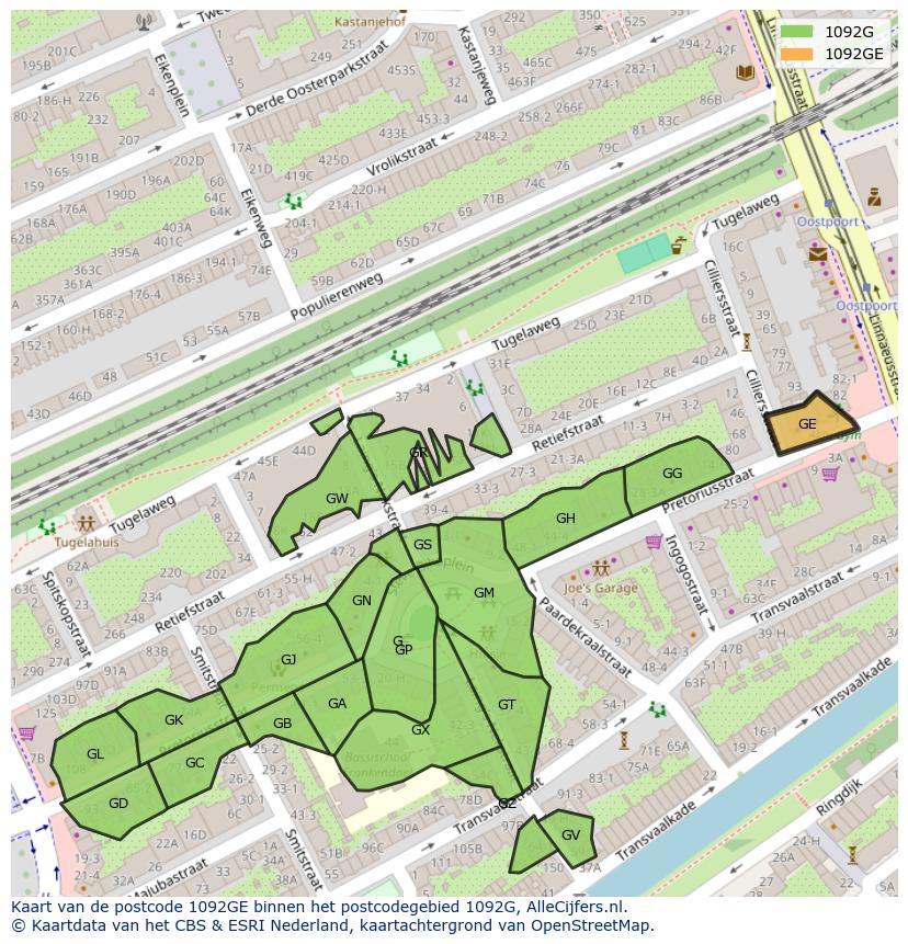 Afbeelding van het postcodegebied 1092 GE op de kaart.