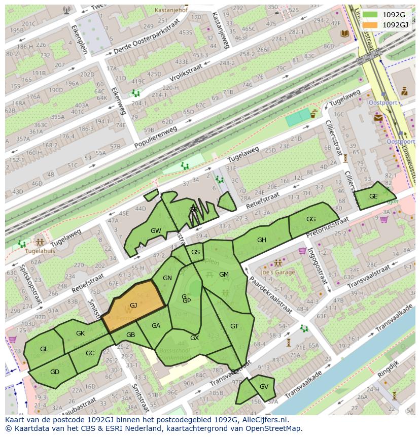 Afbeelding van het postcodegebied 1092 GJ op de kaart.