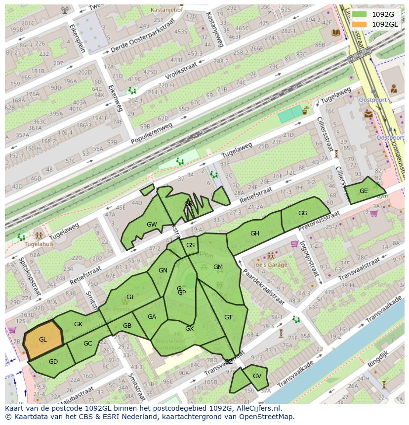Afbeelding van het postcodegebied 1092 GL op de kaart.