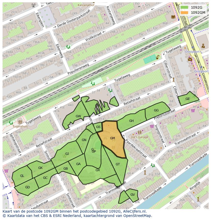 Afbeelding van het postcodegebied 1092 GM op de kaart.