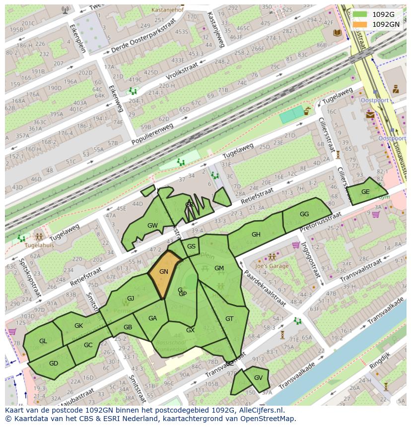 Afbeelding van het postcodegebied 1092 GN op de kaart.