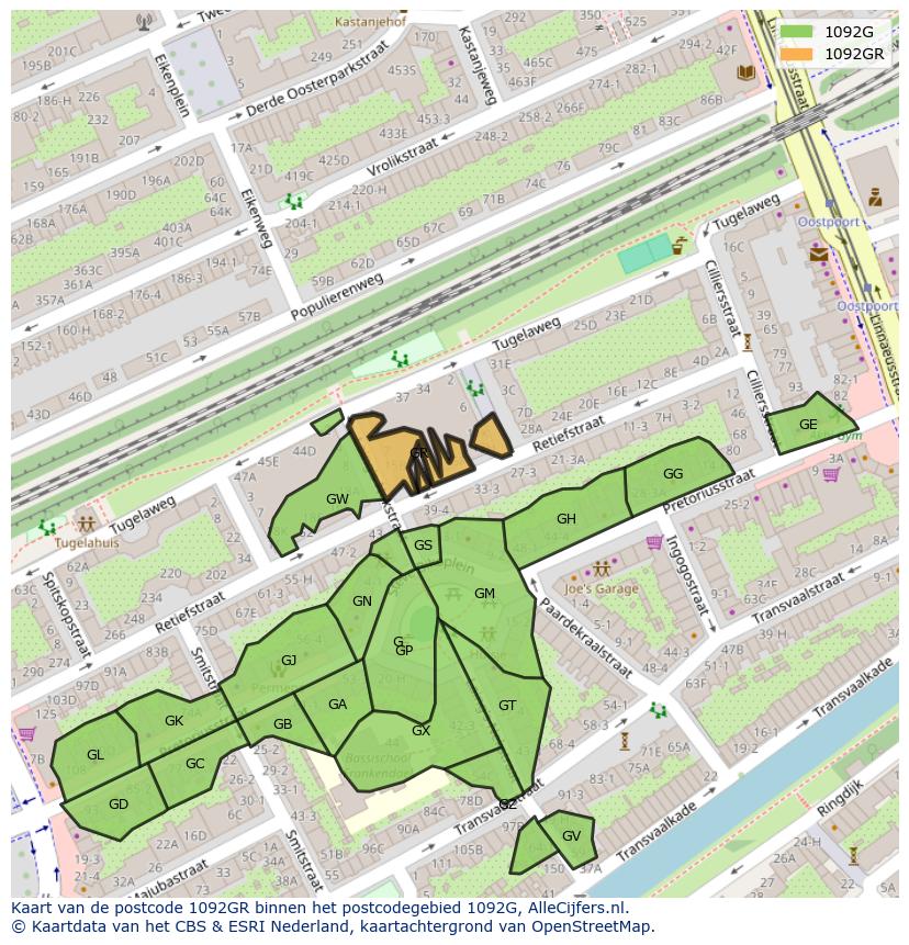 Afbeelding van het postcodegebied 1092 GR op de kaart.