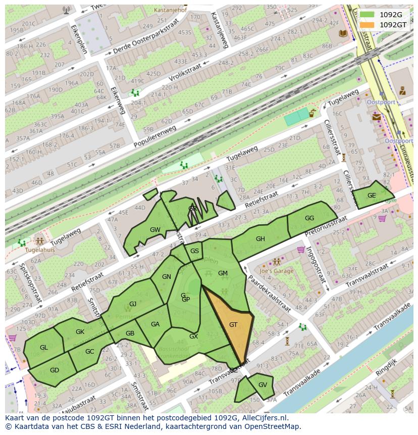 Afbeelding van het postcodegebied 1092 GT op de kaart.