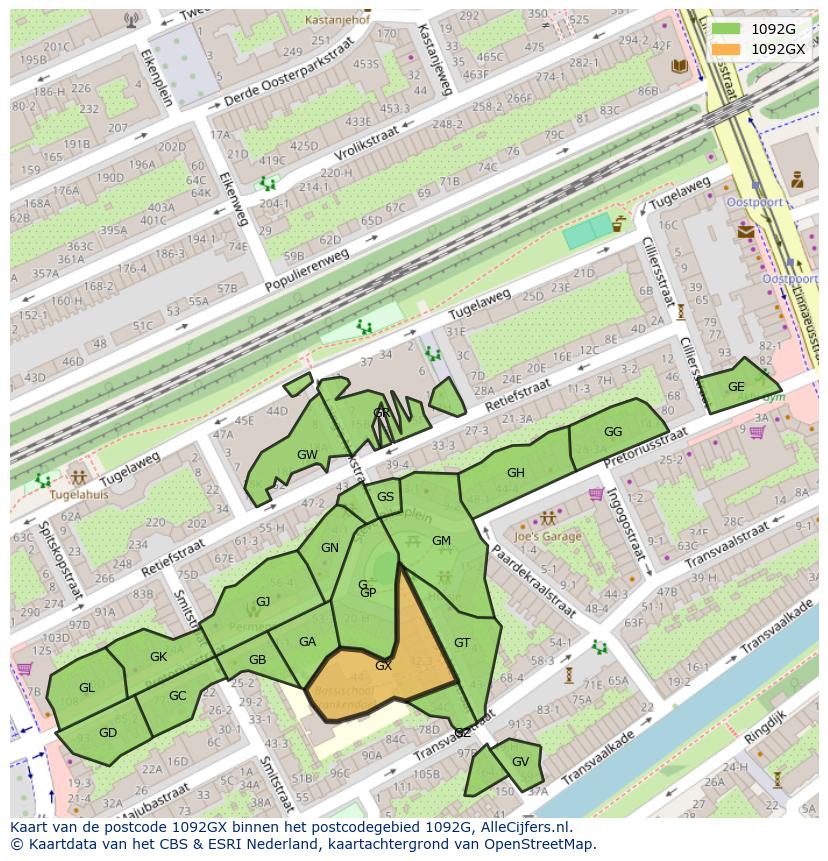 Afbeelding van het postcodegebied 1092 GX op de kaart.