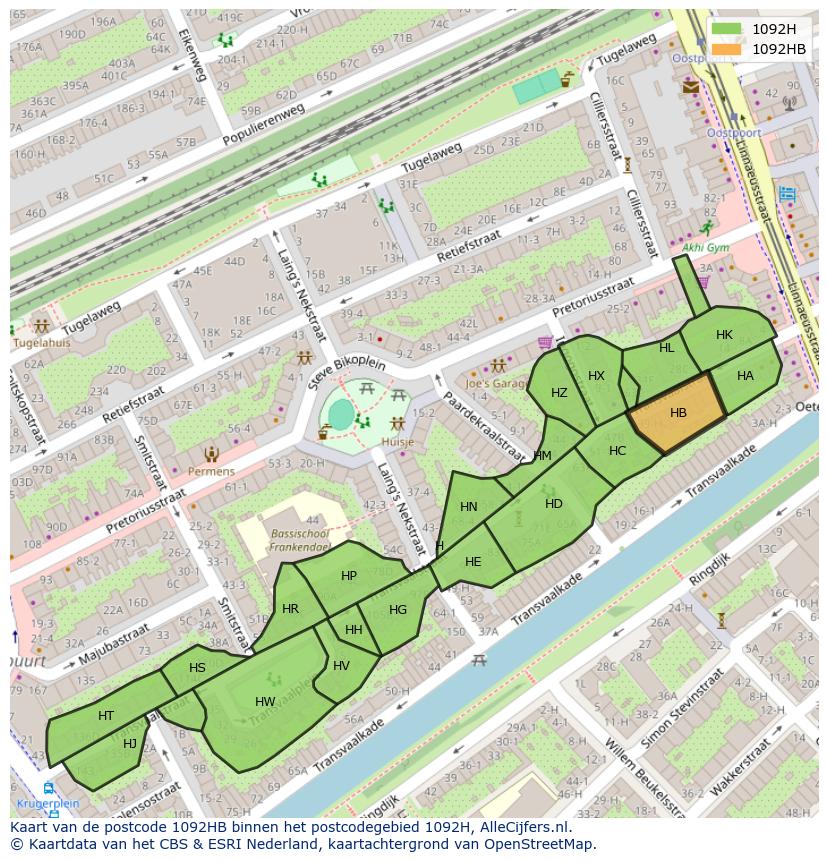 Afbeelding van het postcodegebied 1092 HB op de kaart.