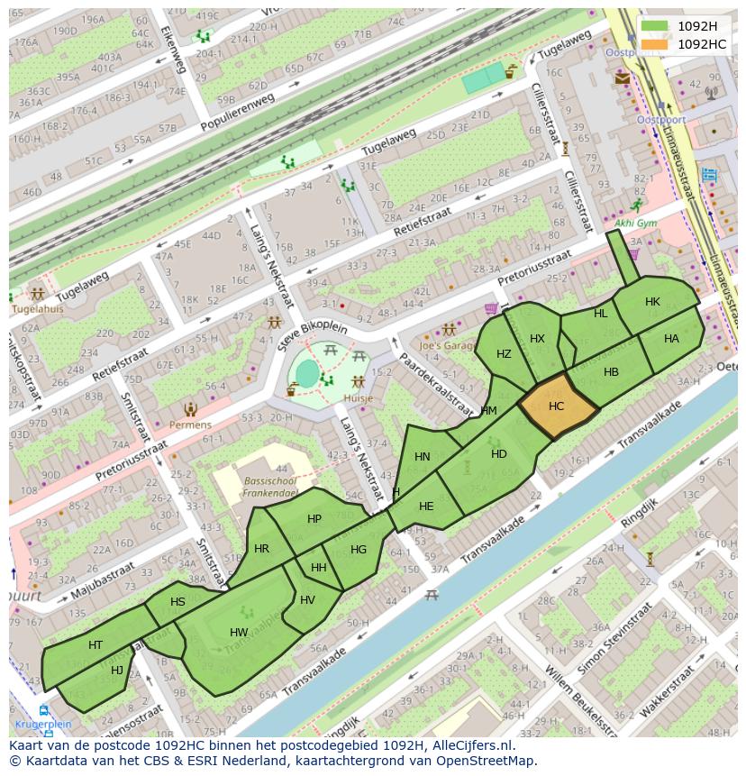 Afbeelding van het postcodegebied 1092 HC op de kaart.