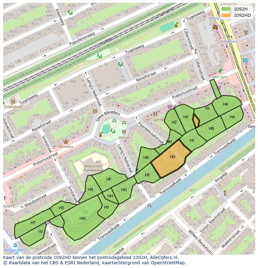 Afbeelding van het postcodegebied 1092 HD op de kaart.