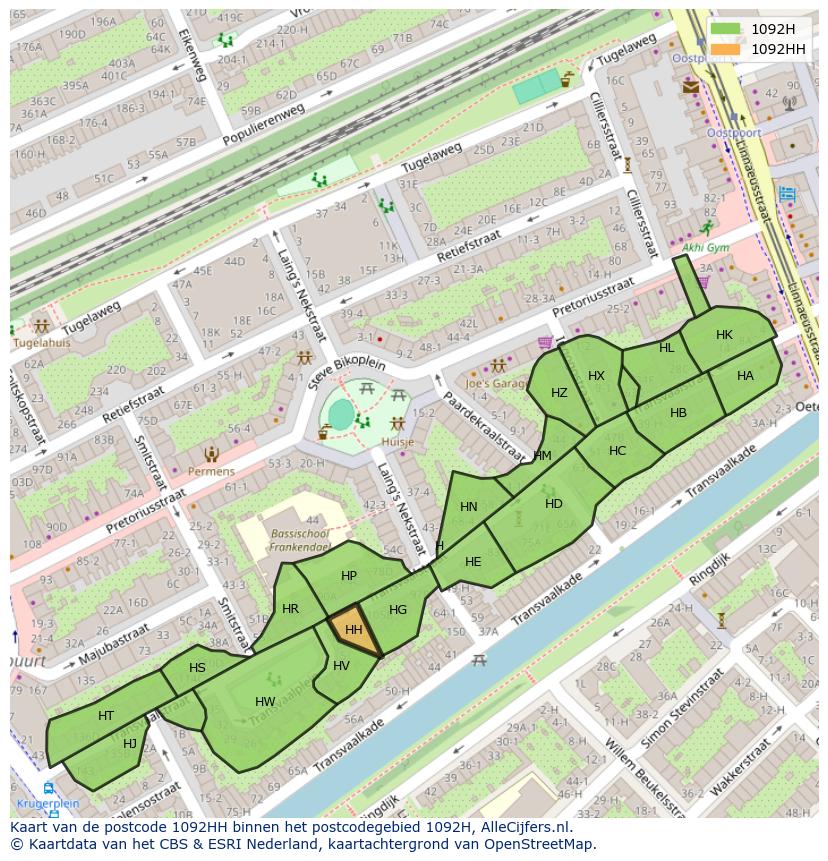 Afbeelding van het postcodegebied 1092 HH op de kaart.