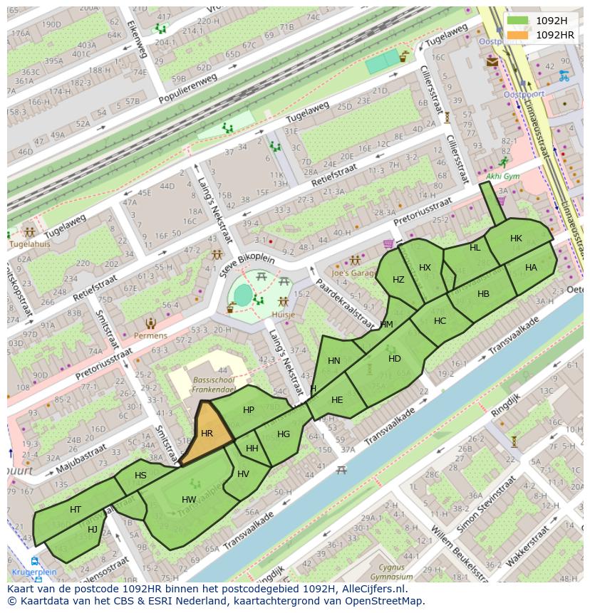 Afbeelding van het postcodegebied 1092 HR op de kaart.