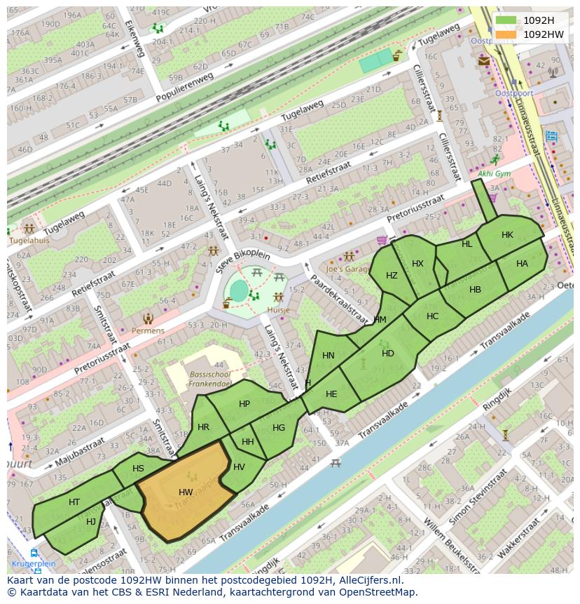 Afbeelding van het postcodegebied 1092 HW op de kaart.