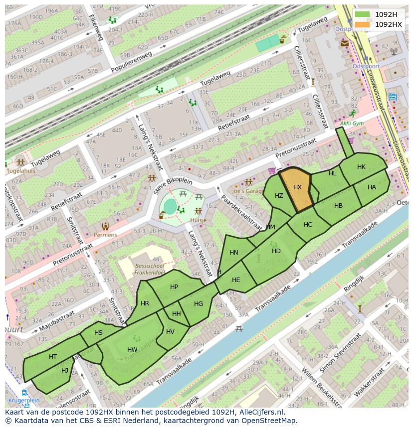 Afbeelding van het postcodegebied 1092 HX op de kaart.