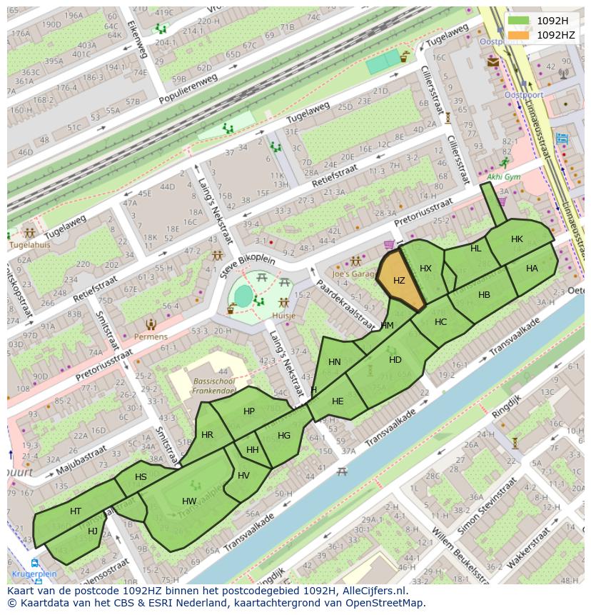 Afbeelding van het postcodegebied 1092 HZ op de kaart.