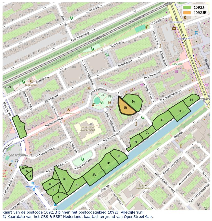 Afbeelding van het postcodegebied 1092 JB op de kaart.