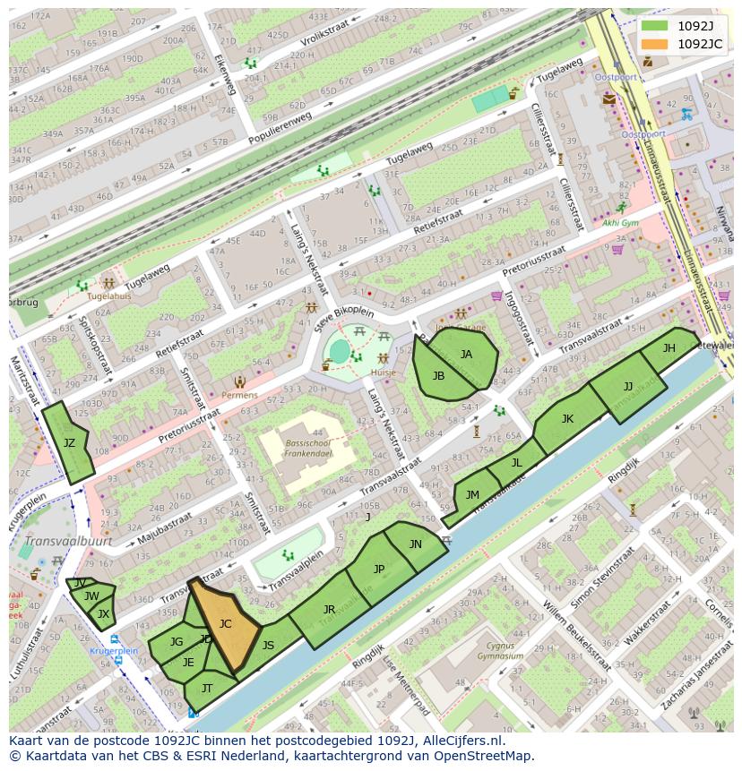 Afbeelding van het postcodegebied 1092 JC op de kaart.
