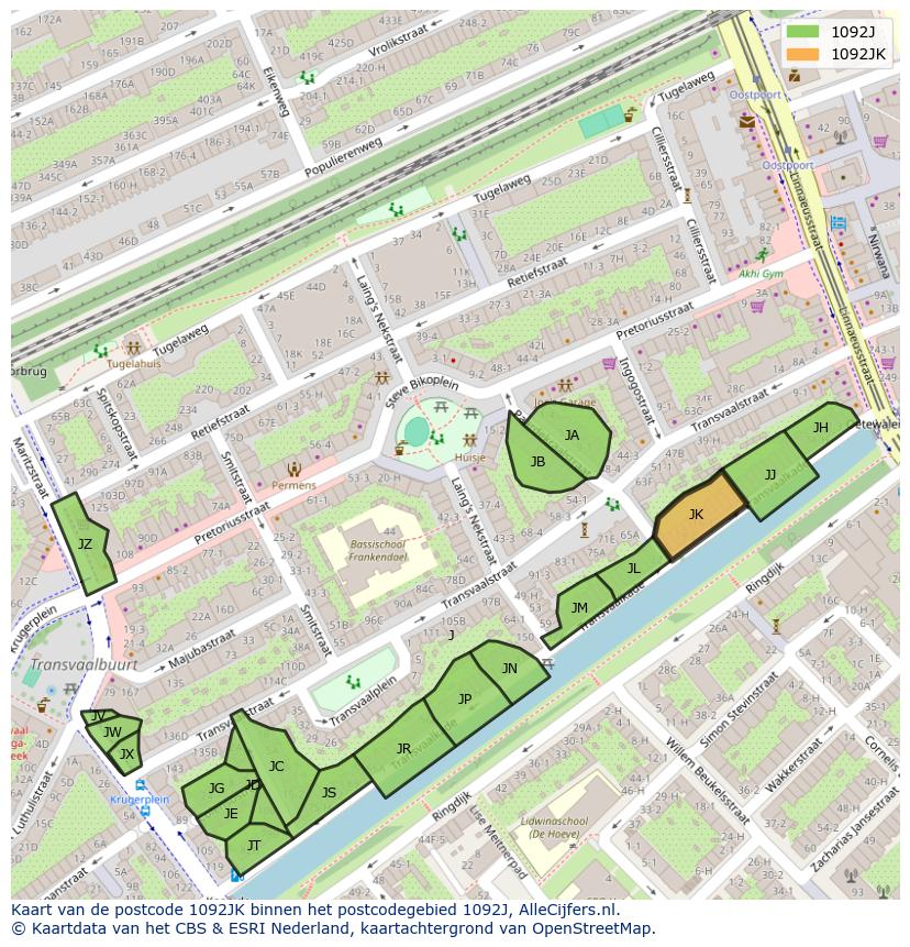 Afbeelding van het postcodegebied 1092 JK op de kaart.