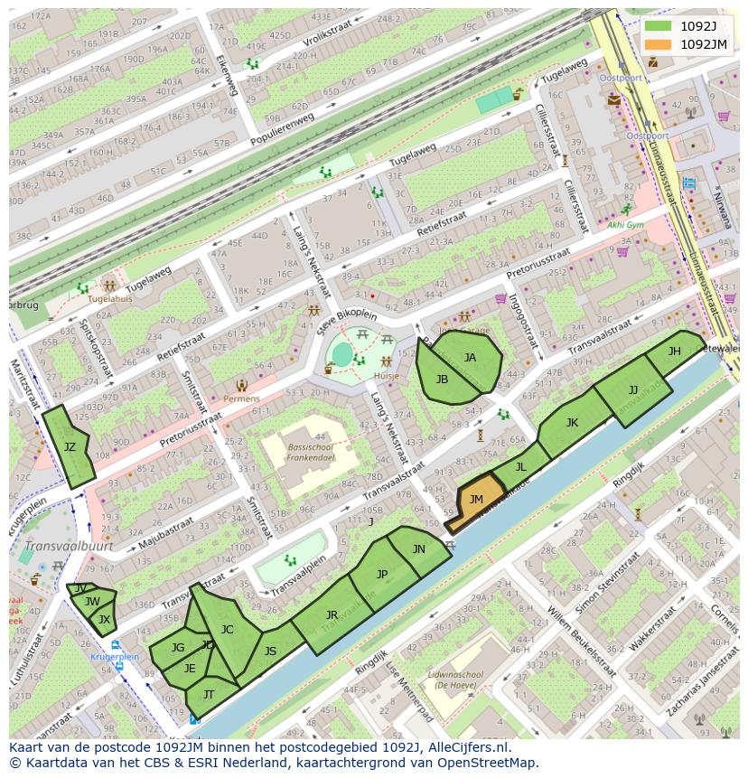 Afbeelding van het postcodegebied 1092 JM op de kaart.